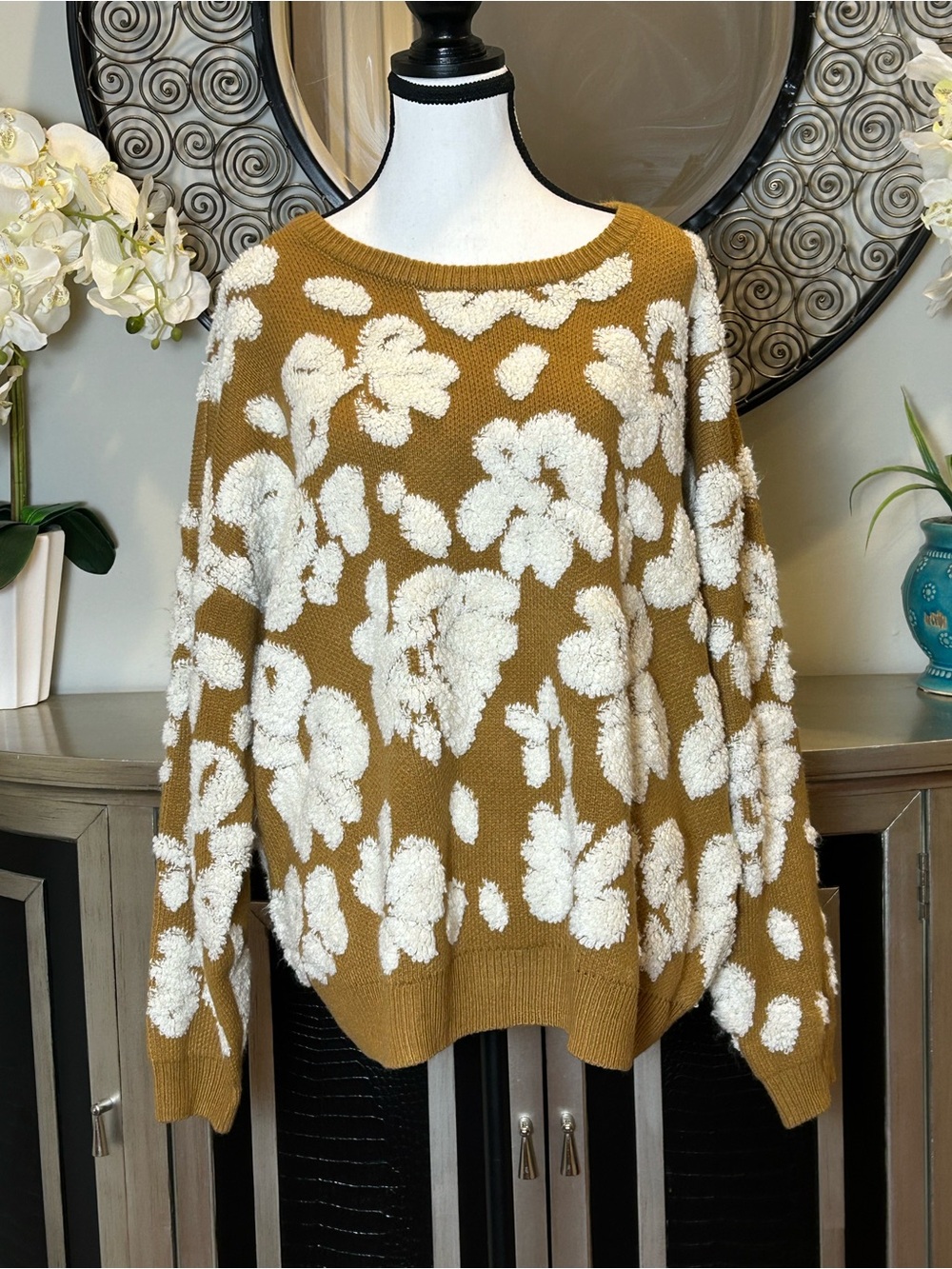 Cato Mustard Crewneck Sweater with White Floral Texture